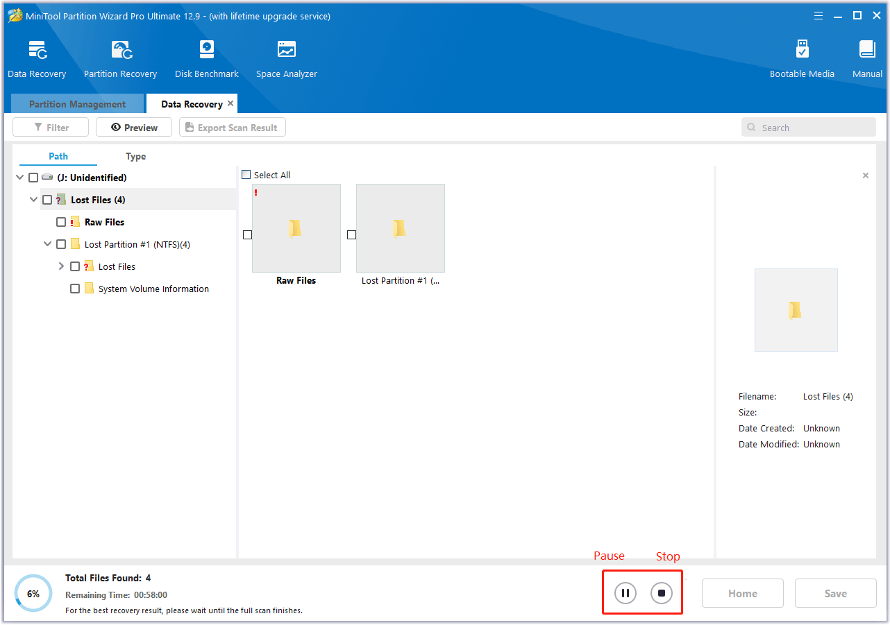 click the Pause or Stop icon to get instant data recovery in MiniTool Partition Wizard