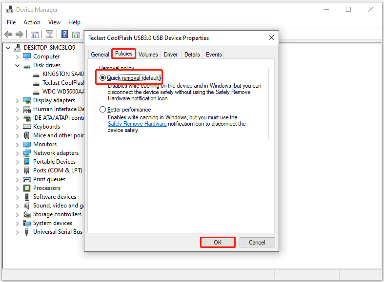enable Quick Removal in Device Manager