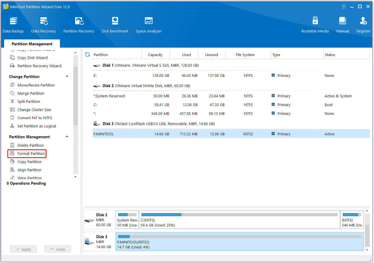 select Format Partition in MiniTool Partition Wizard