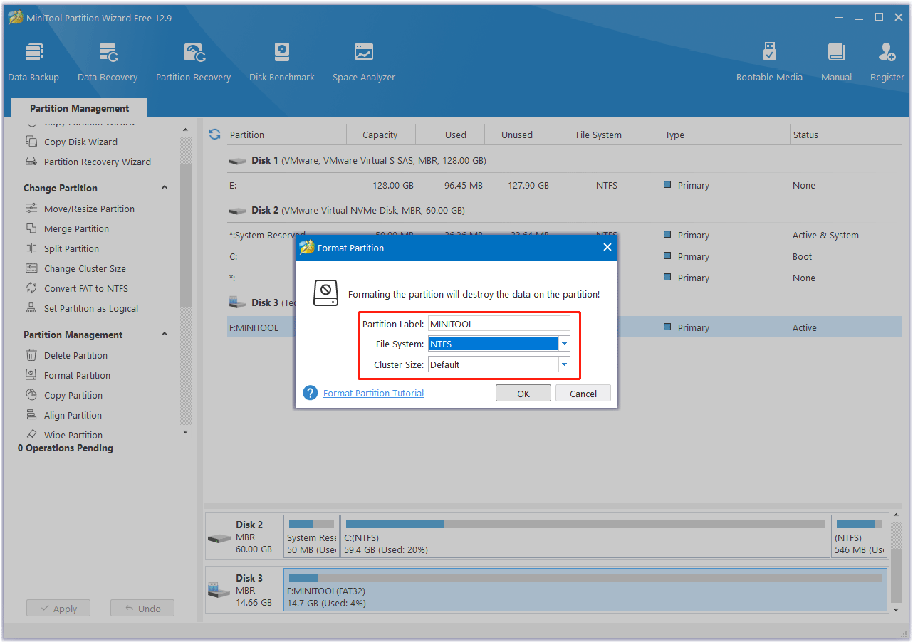set parameters for the USB drive using MiniTool Partition Wizard