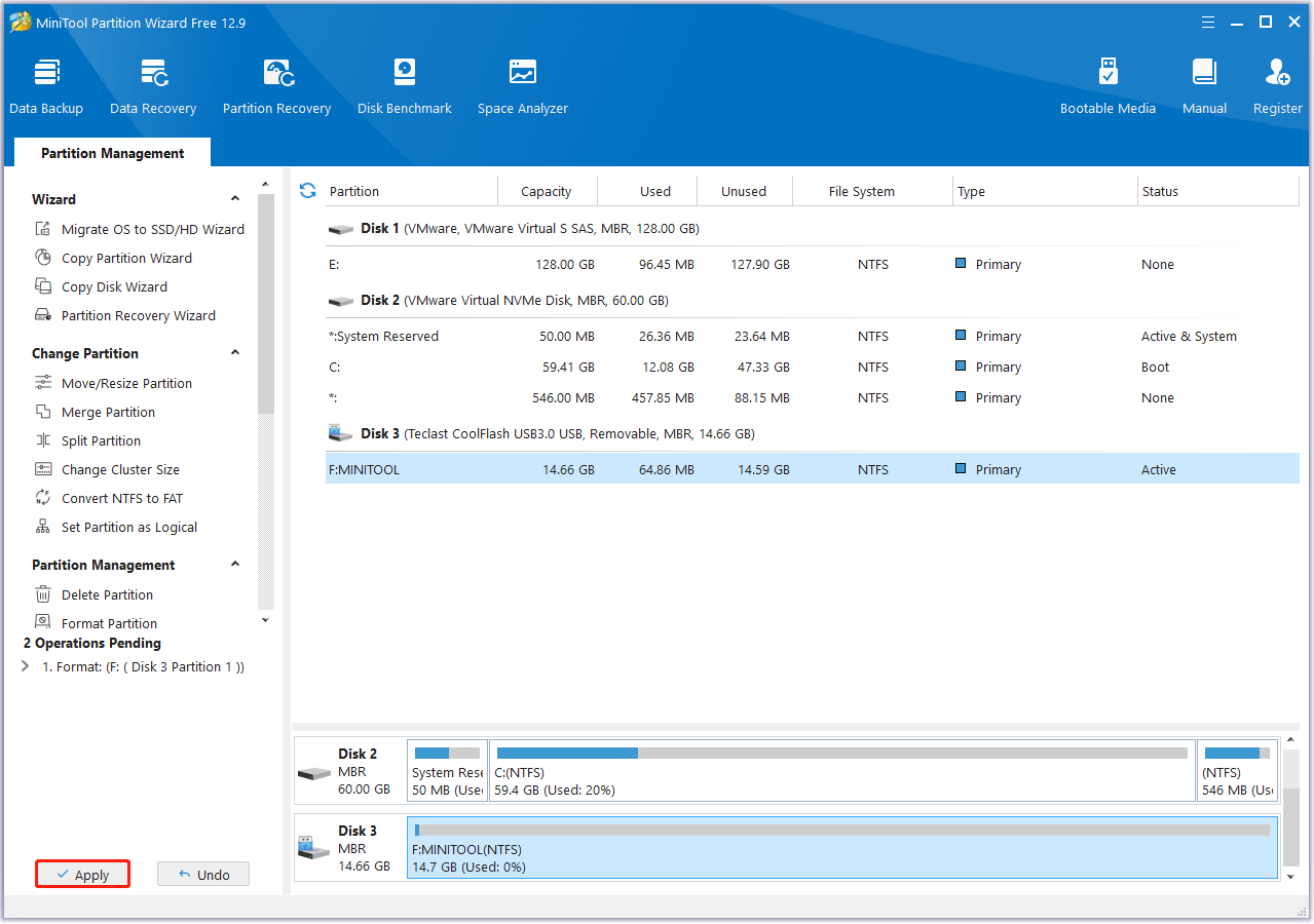 format the USB drive via MiniTool Partition Wizard