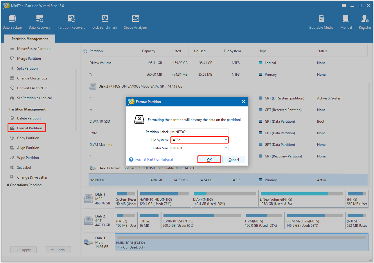 format partition to FAT32 in MiniTool Partition Wizard