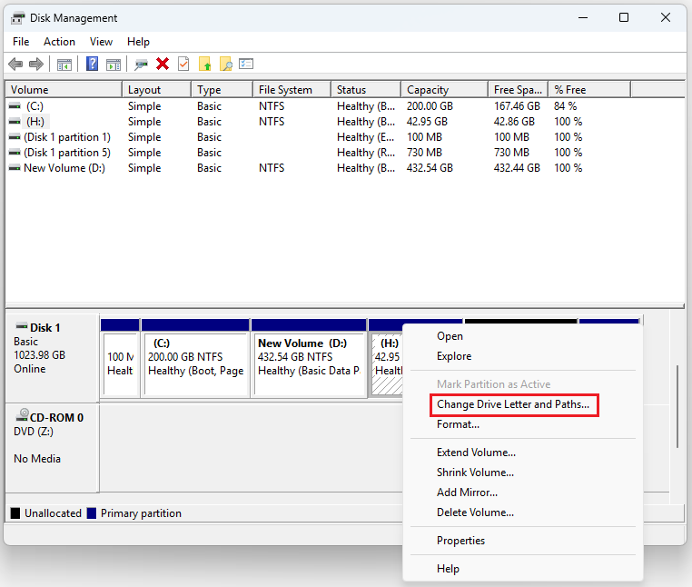 click Change Drive Letter and Paths