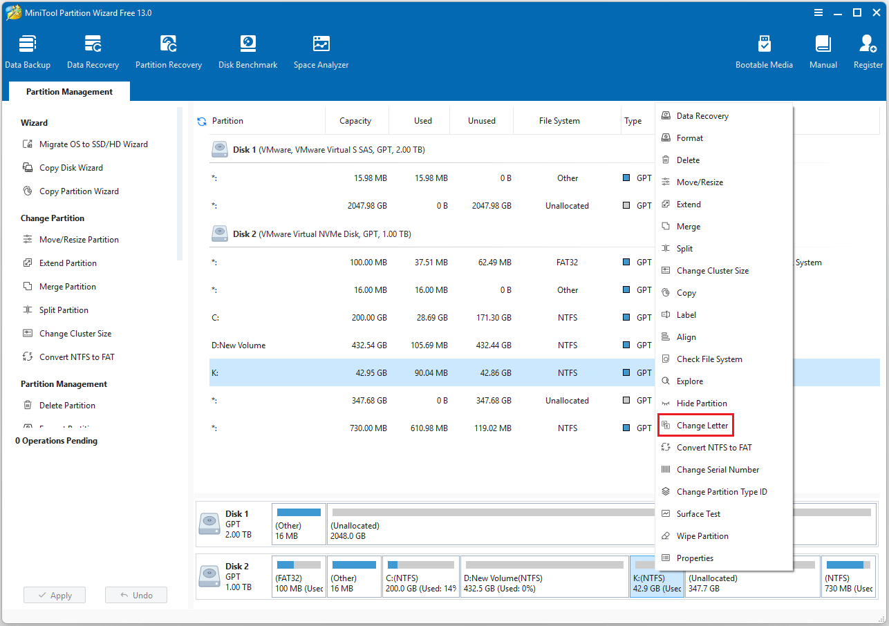 click Change Letter in MiniTool Partition Wizard