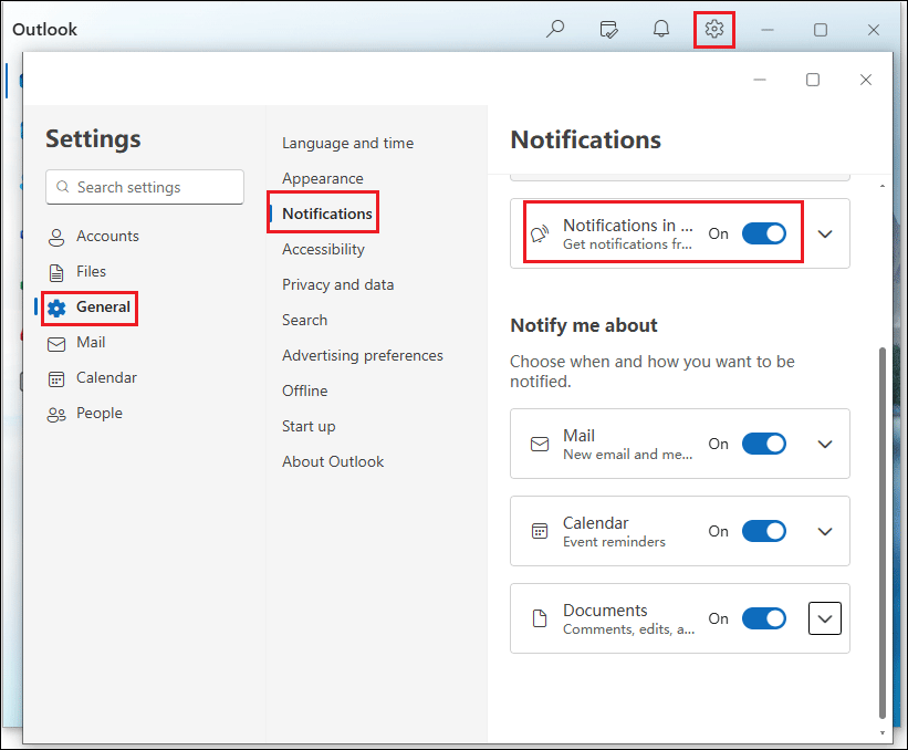 make sure the Outlook notification toggle is On.