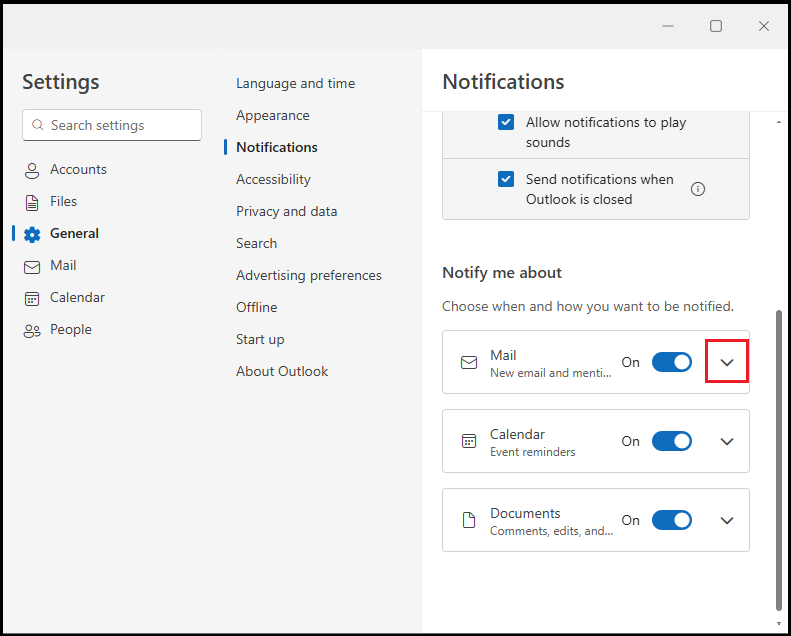 expand the down arrow next to Mail