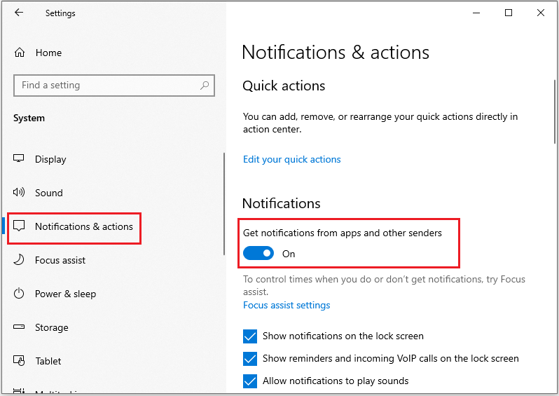 make sure Get notifications from apps and other senders is turned On