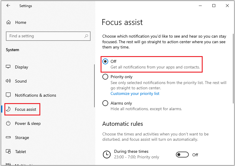 make sure Get all notifications from your apps and contacts is Off
