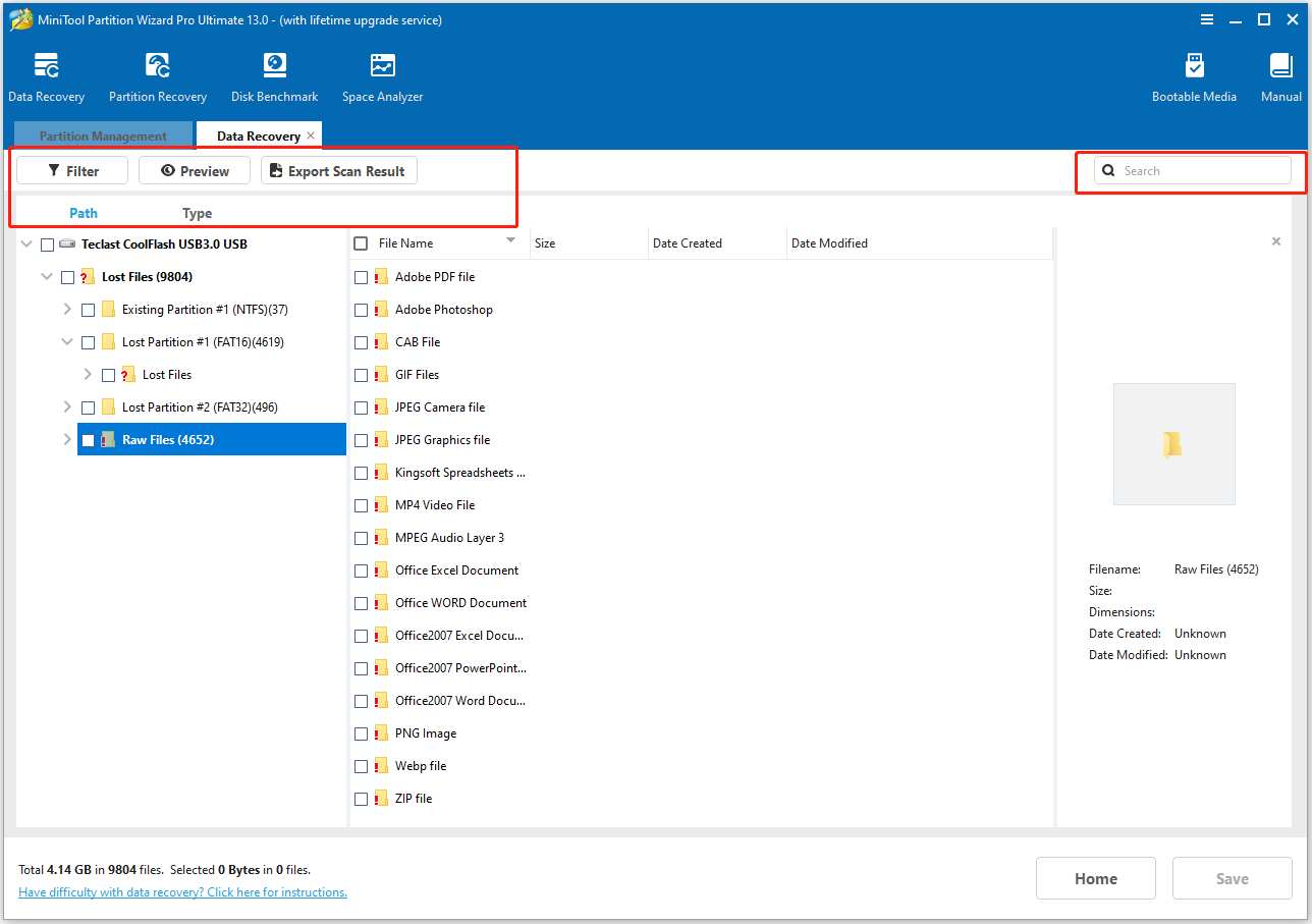 review the found files in MiniTool Partition Wizard