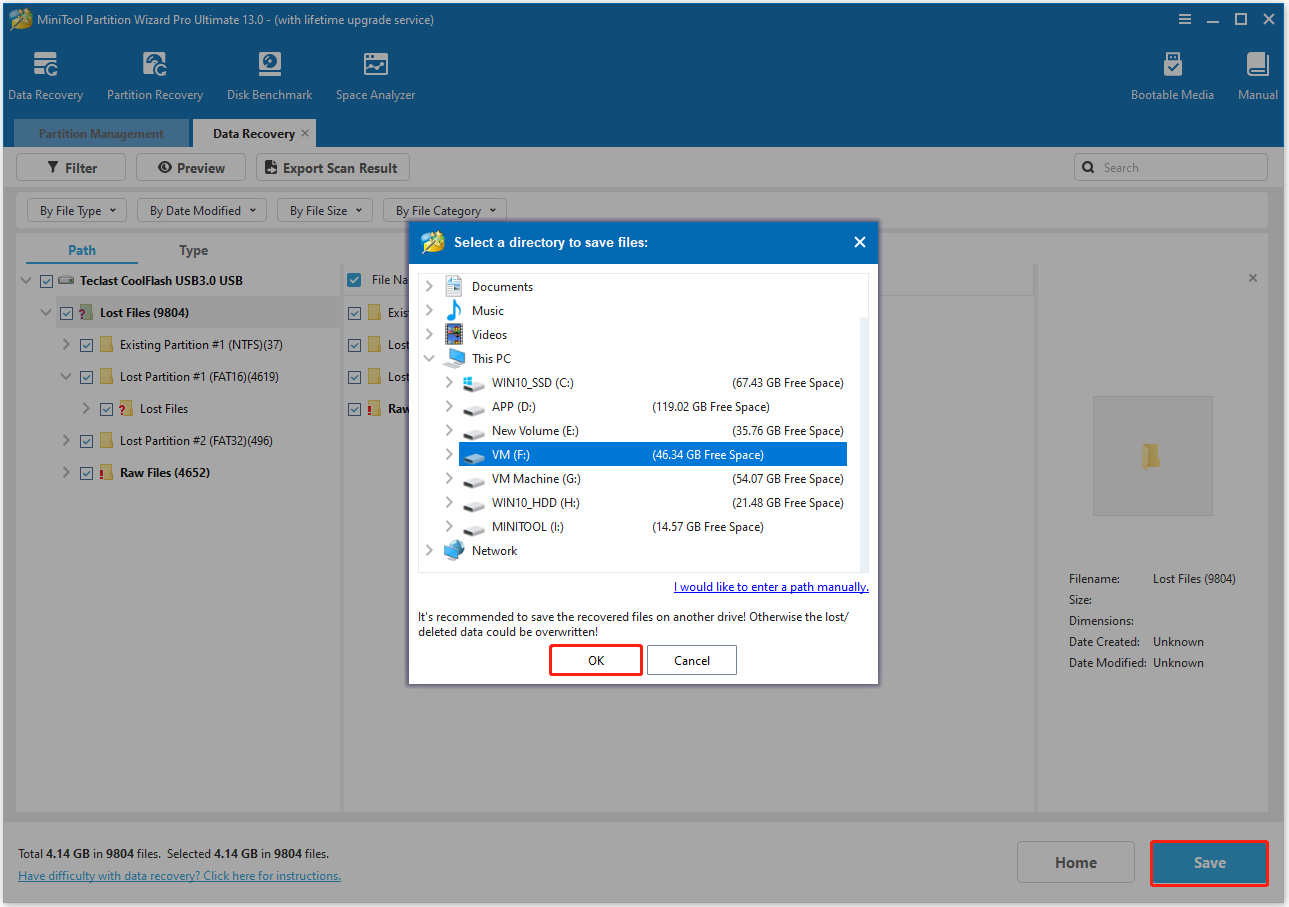 save the recovered files in MiniTool Partition Wizard