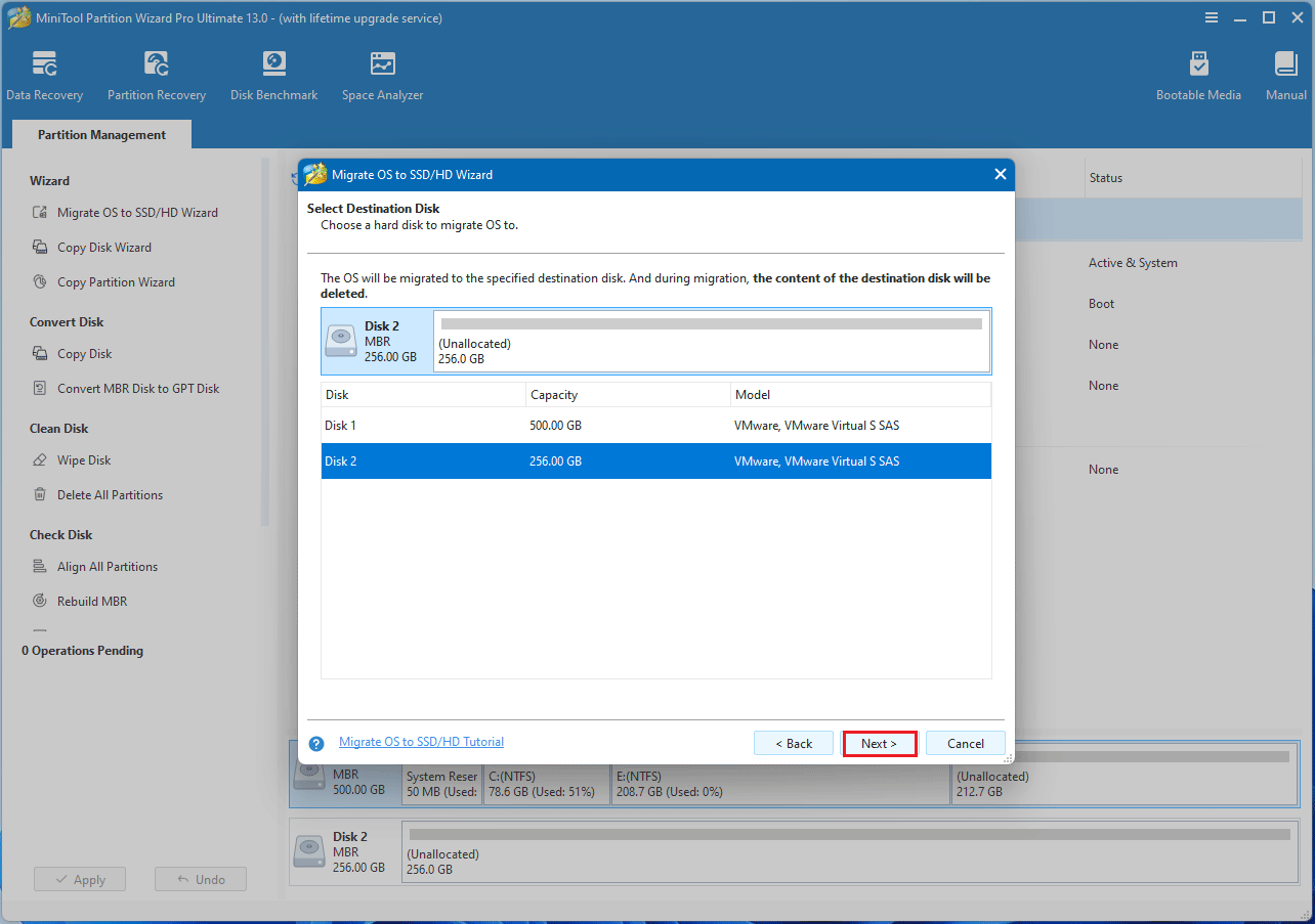 select a destination disk in MiniTool Partition Wizard