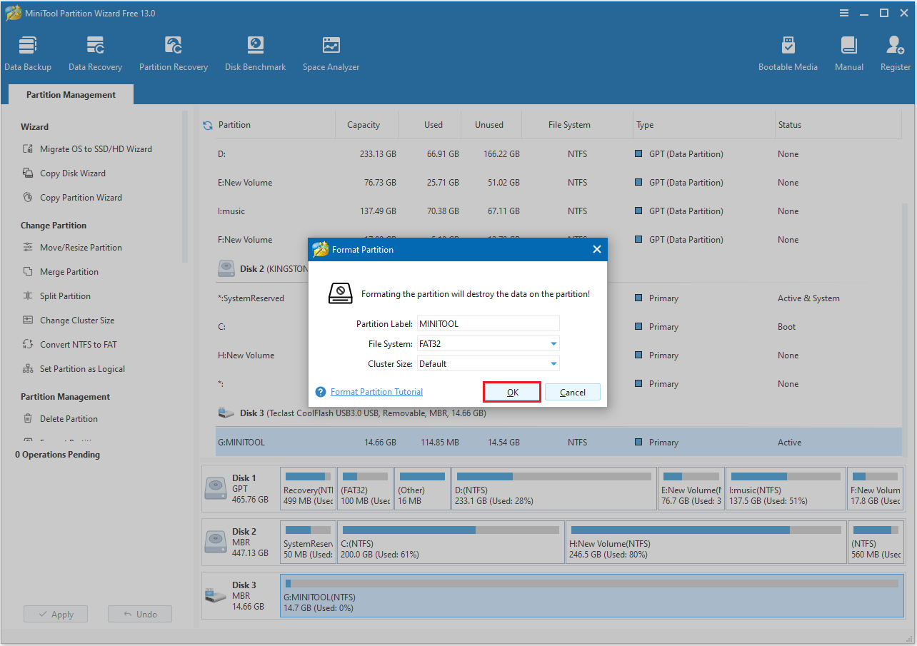 format SD card in MiniTool Partition Wizard