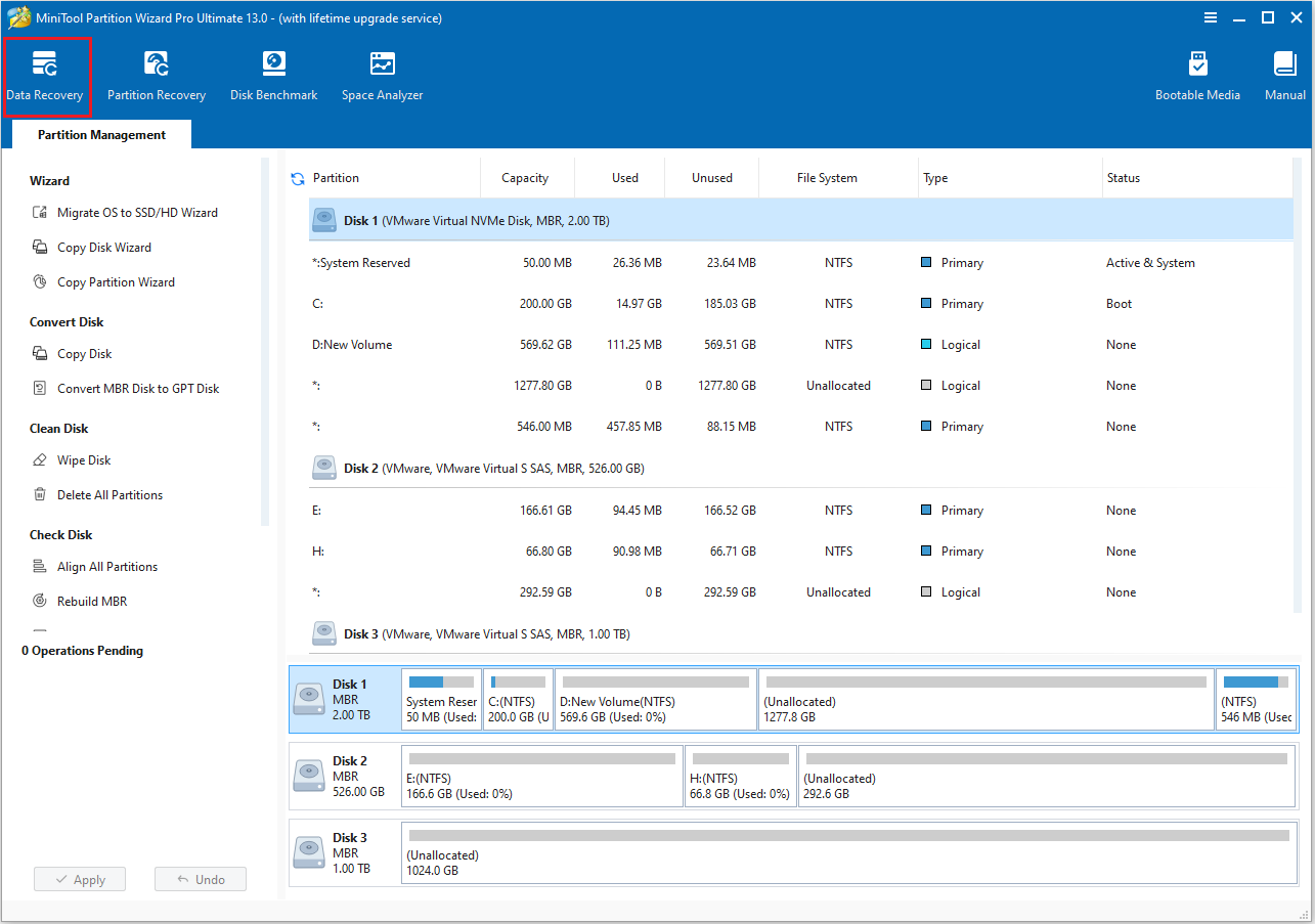 click Data Recovery in MiniTool Partition Wizard