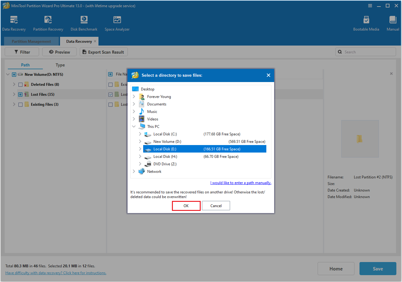 save the lost files in another hard drive in MiniTool Partition Wizard