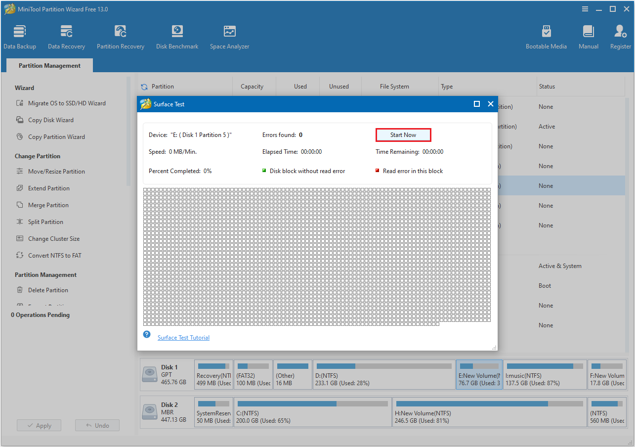 scan the bad sectors on disk in MiniTool Partition Wizard