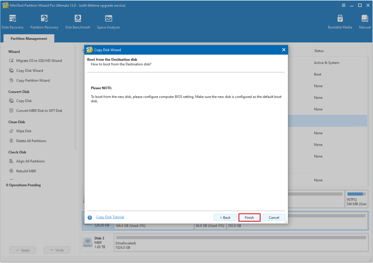 read the warning note and click Finish in MiniTool Partition Wizard