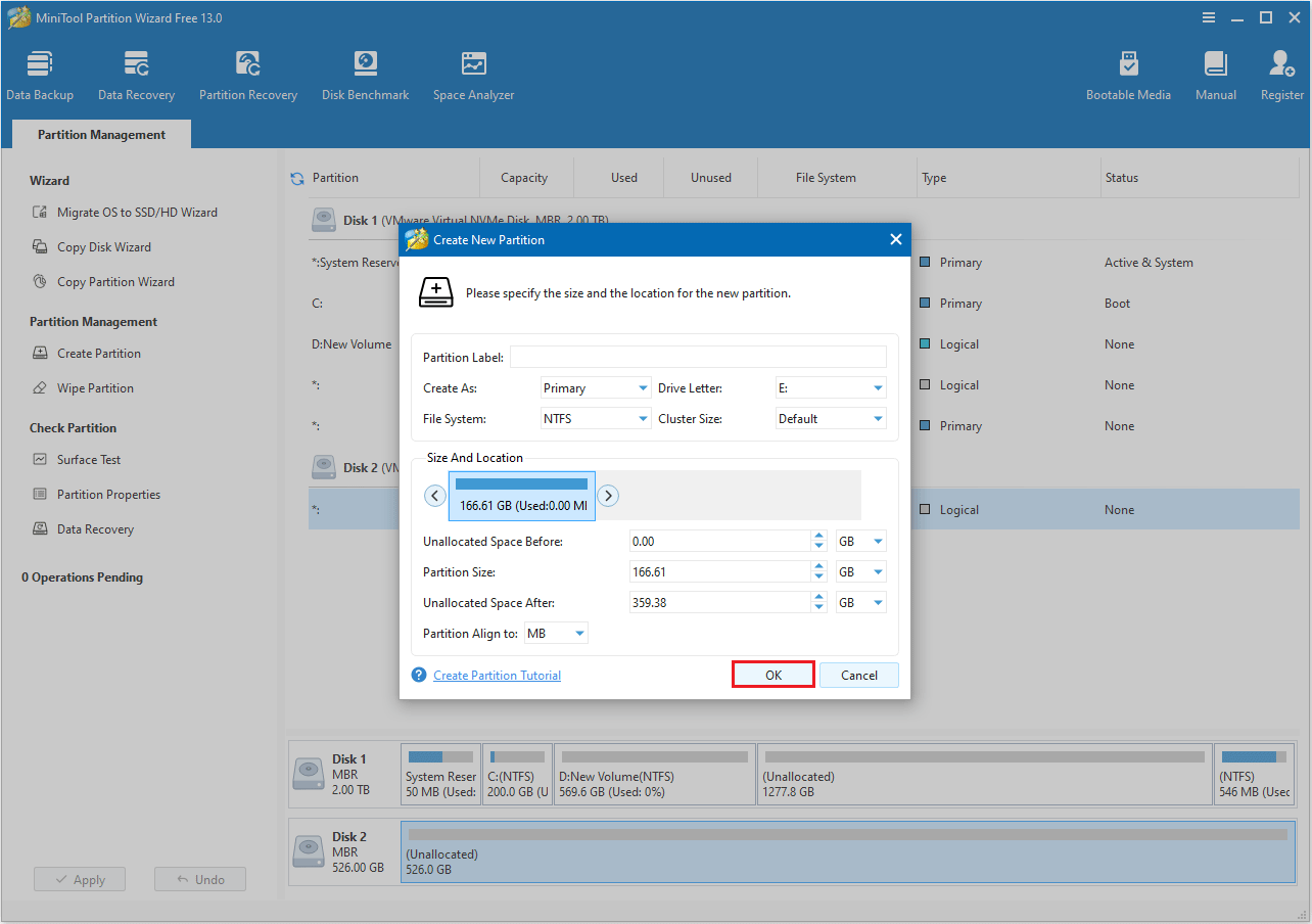 create a partition in MiniTool Partition Wizard