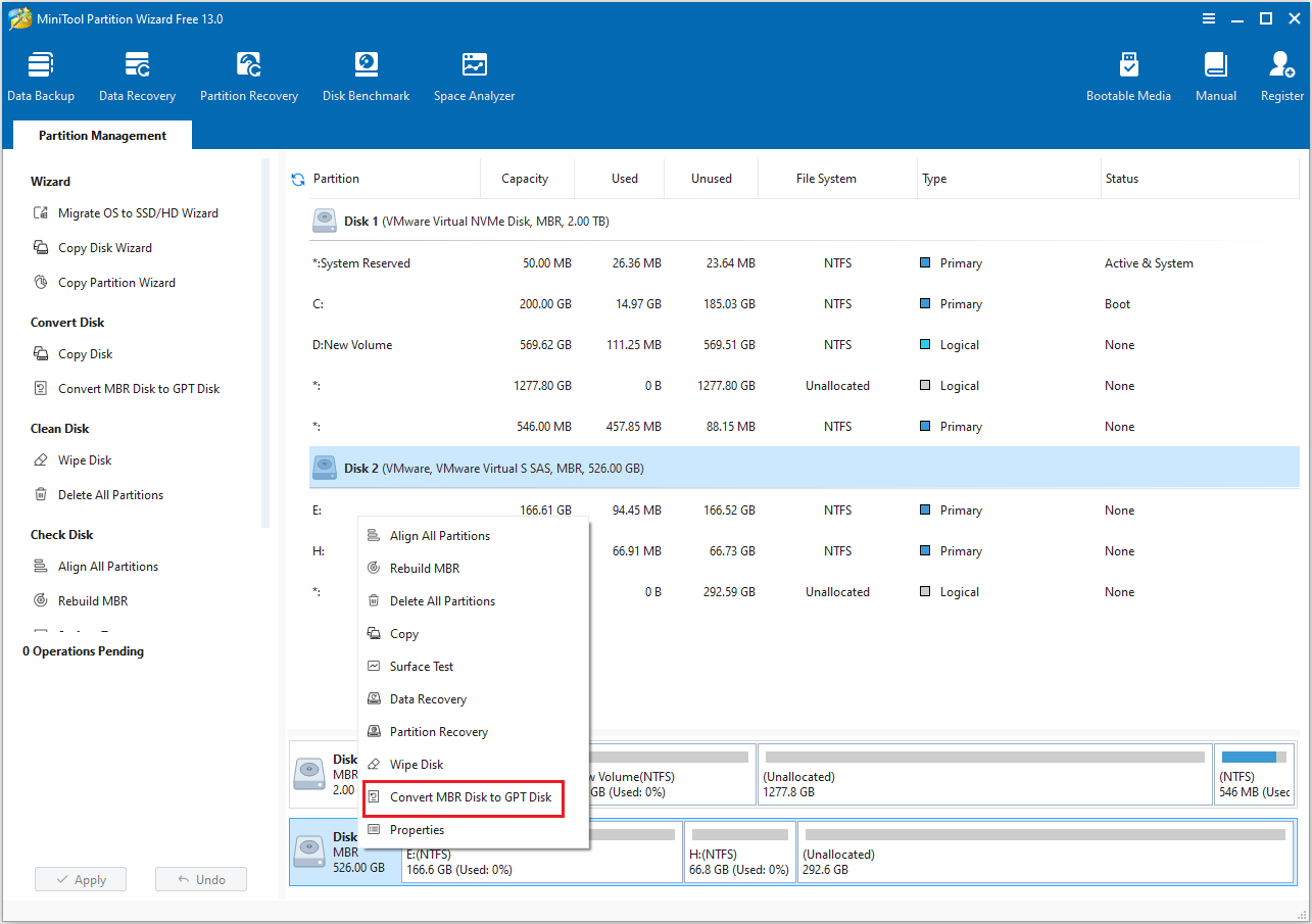 select Convert MBR Disk to GPT Disk in MiniTool Partition Wizard