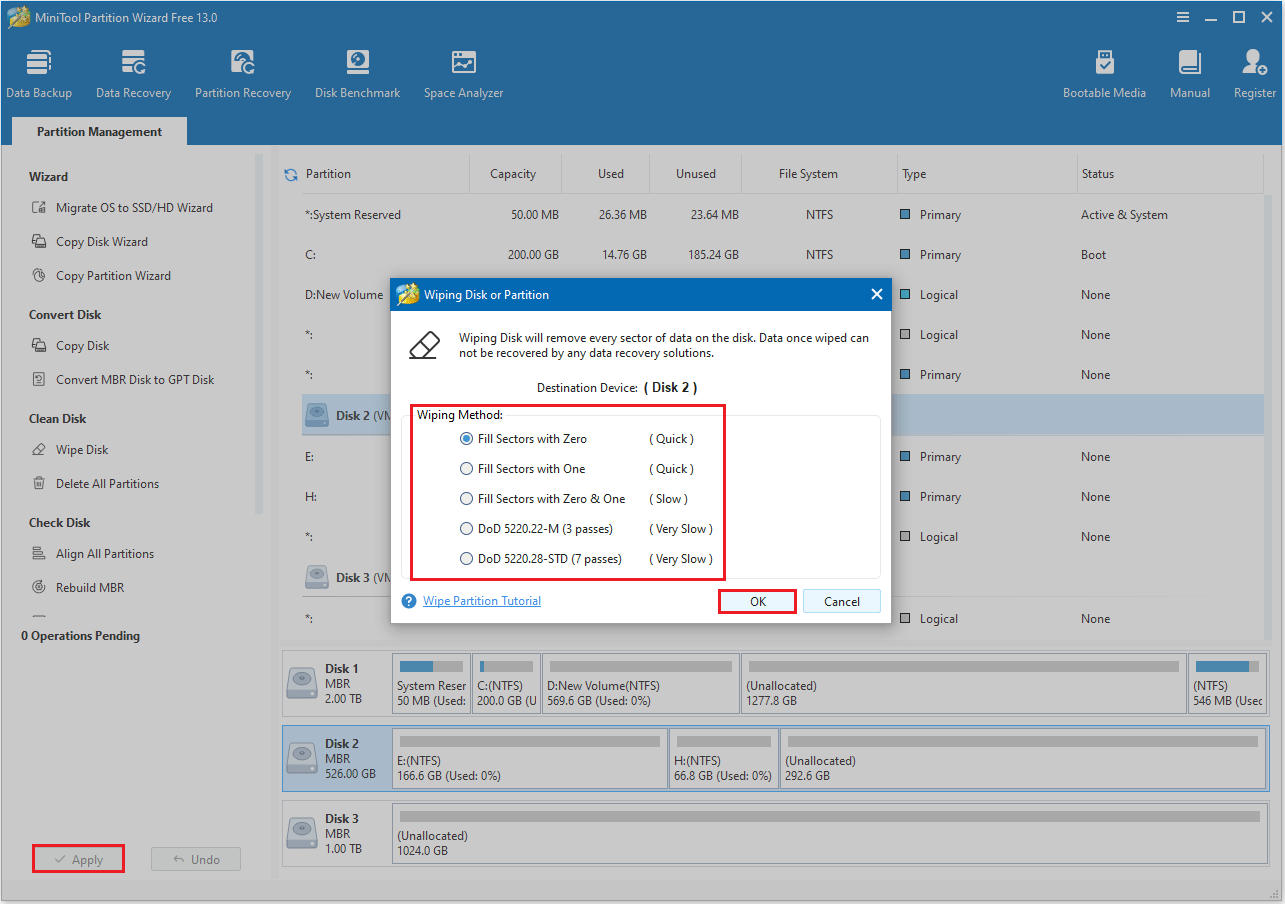 choose a wipe option to wipe a disk in MiniTool Partition Wizard