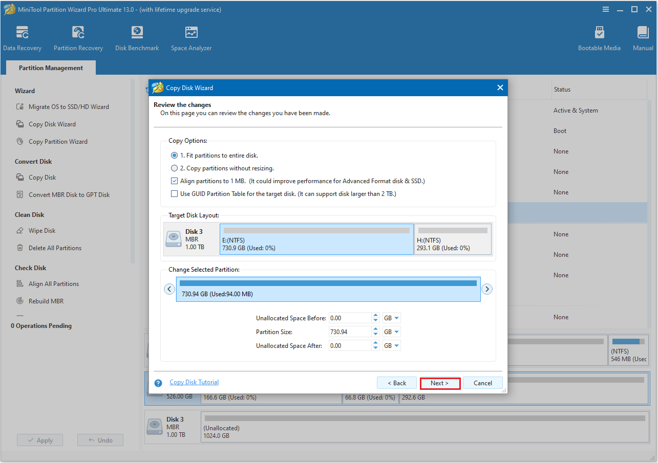 choose a copy option in MiniTool Partition Wizard