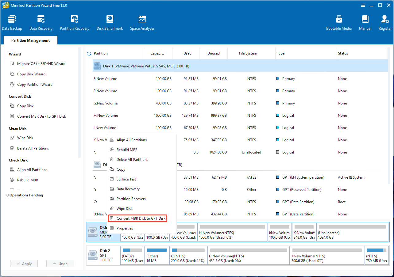 screenshot showing Convert MBR Disk to GPT Disk in MiniTool Partition Wizard