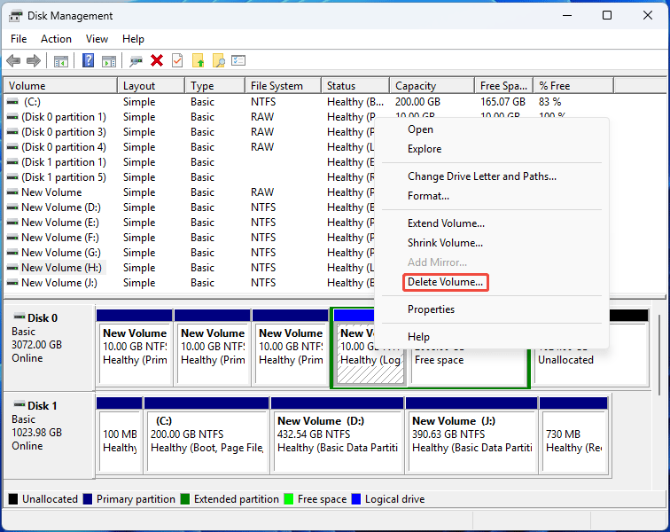 screenshot showing Delete Volume in Disk Management
