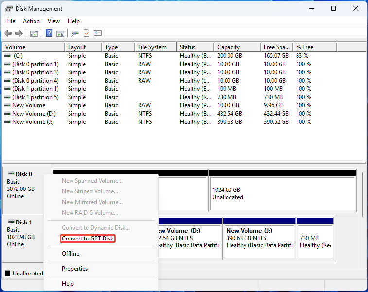 screenshot showing Convert to GPT Disk in Disk Management