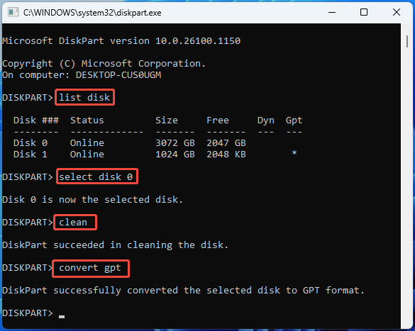 screenshot showing converting disk to GPT with DiskPart commands