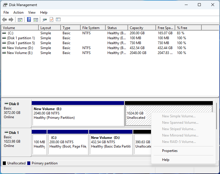 screenshot showing MBR 2TB limit in Disk Management
