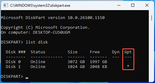 screenshot showing DiskPart list disk command