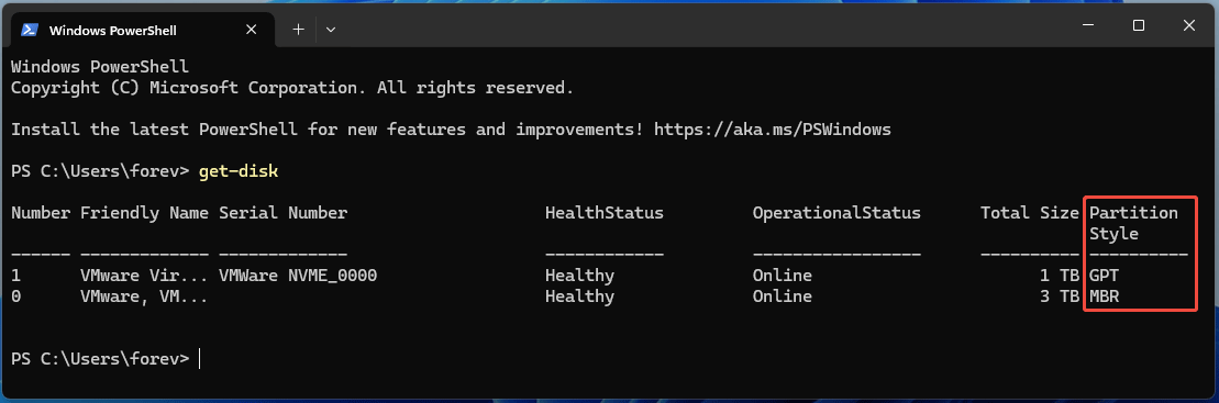 screenshot showing PowerShell get disk command
