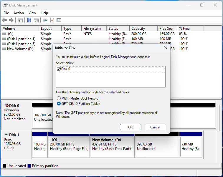 screenshot showing Initialize Disk wizard in Disk Management