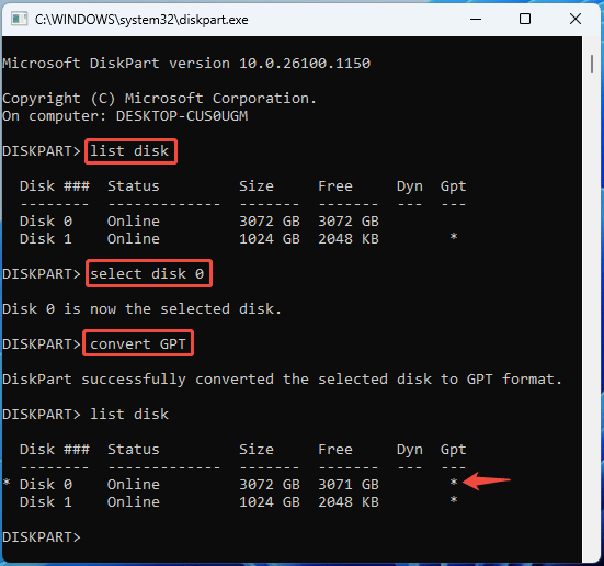 screenshot showing initializing disk with DiskPart commands
