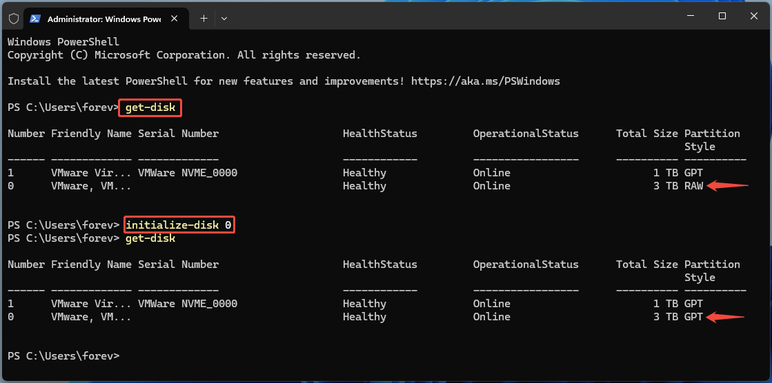 screenshot showing initializing disk with PowerShell
