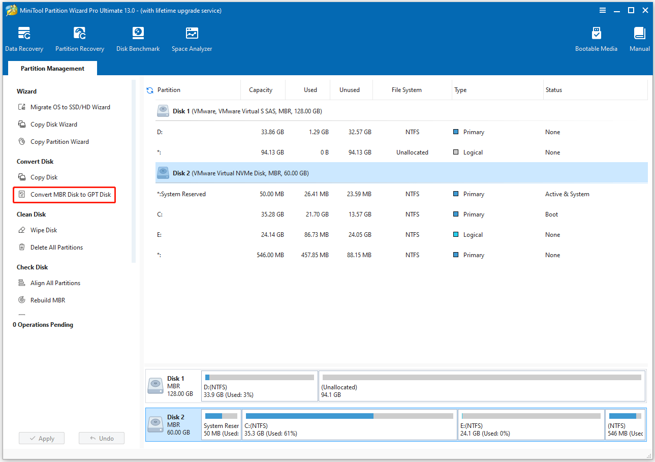select Convert MBR Disk to GPT Disk in MiniTool Partition Wizard
