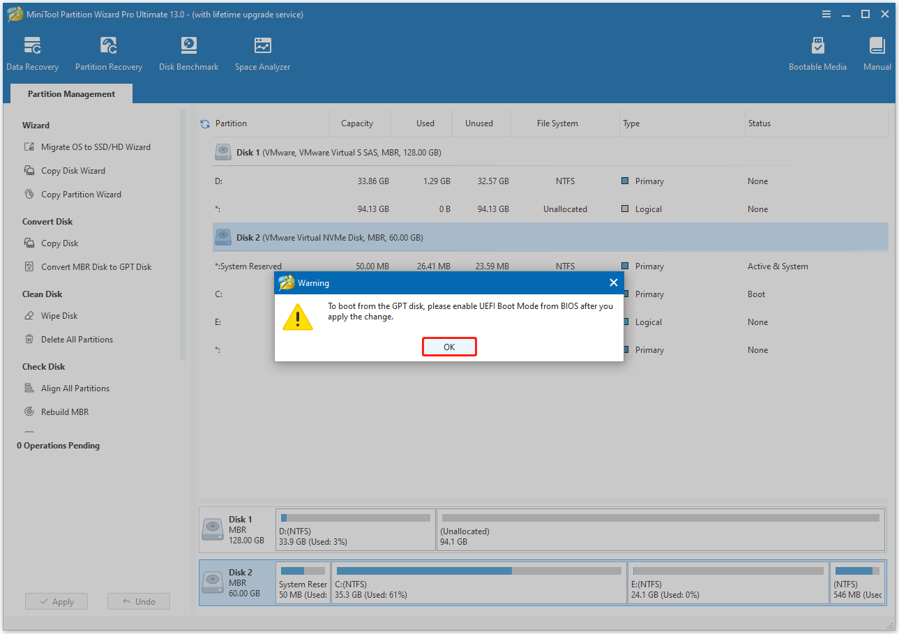 read the warning information in MiniTool Partition Wizard