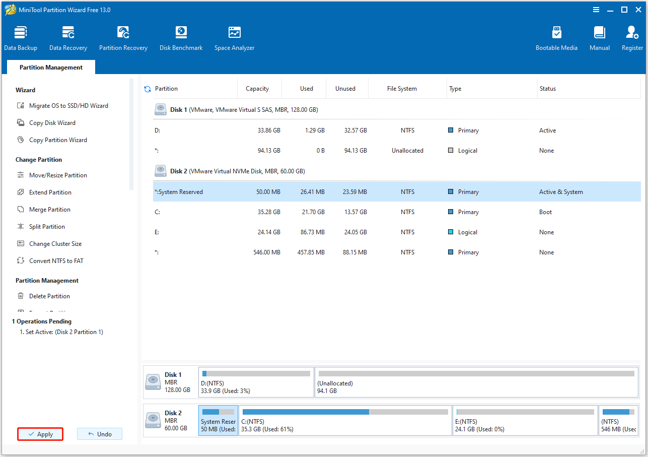 click Apply to perform the pending operation in MiniTool Partition Wizard