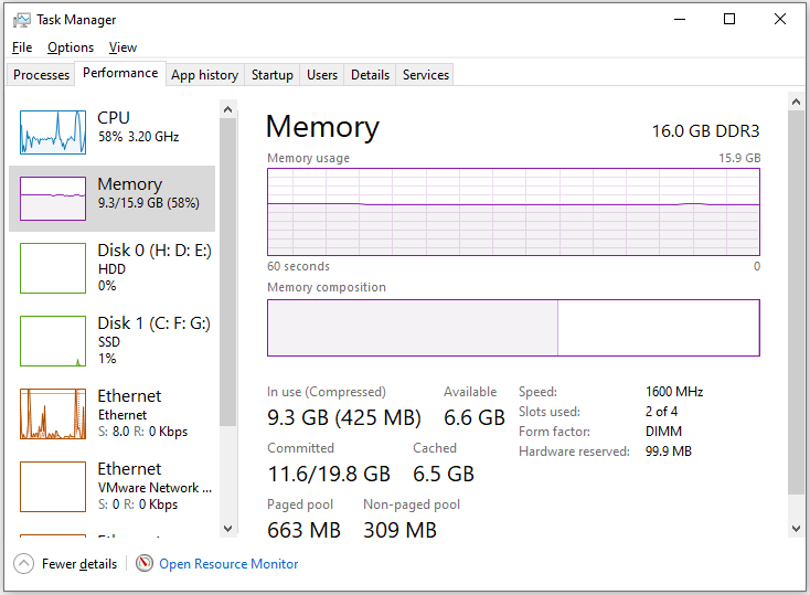 view the memory in Task Manager