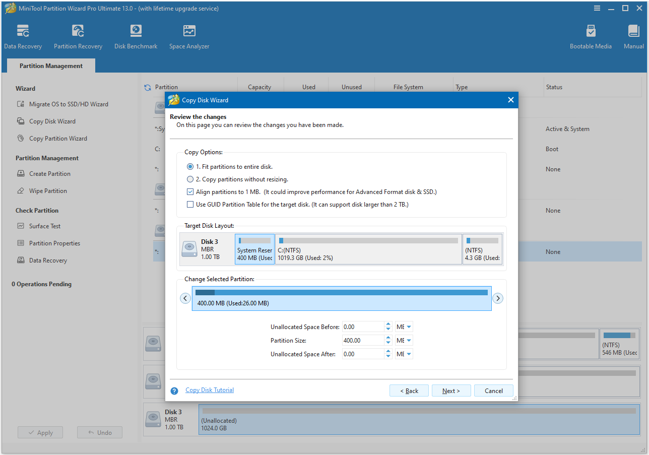 set Copy Options and adjust Target Disk Layout