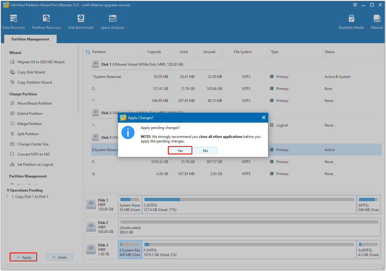 click Apply and Yes to execute Copy Disk operation in MiniTool Partition Wizard