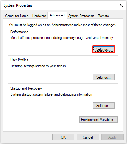 click Settings under the Performance section