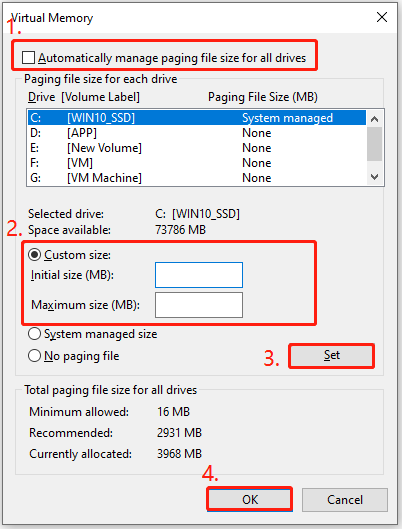 change paging file size in the Virtual Memory window