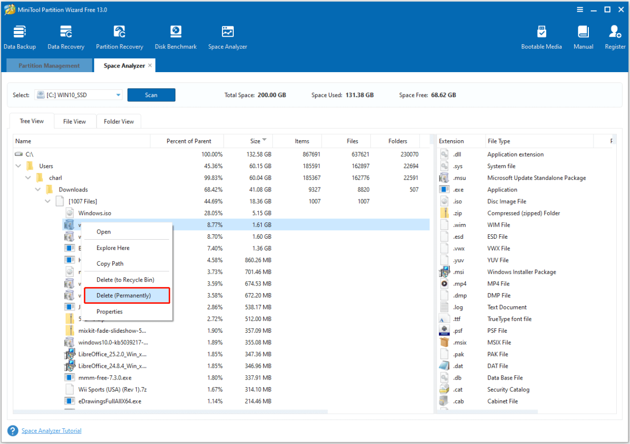 delete the unwanted files in MiniTool Partition Wizard