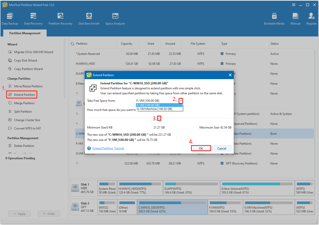 use Extend Partition feature in MiniTool Partition Wizard