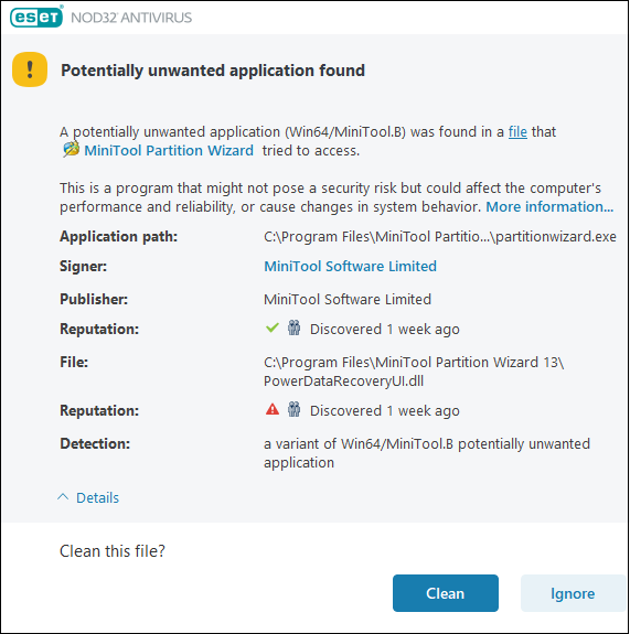 screenshot showing MiniTool Partition Wizard gets false positive by ESET