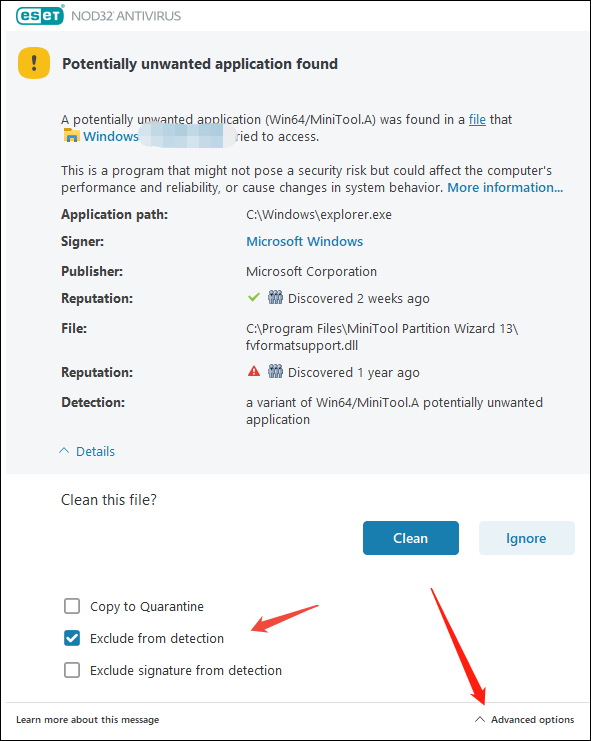 screenshot showing how to exclude MiniTool Partition Wizard from virus detection in ESET