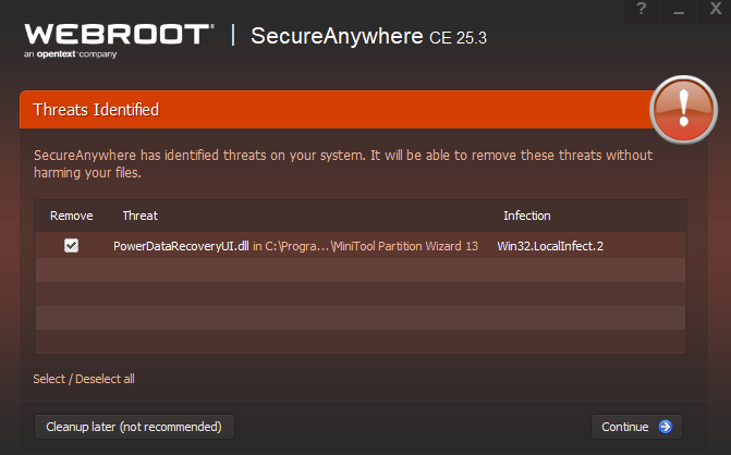 screenshot showing MiniTool Partition Wizard gets false positive by WEBROOT