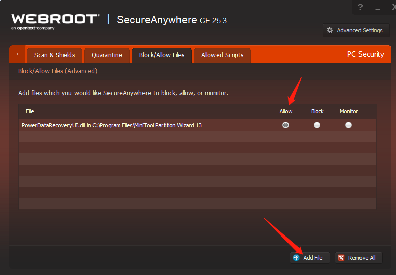 screenshot showing how to allow MiniTool Partition Wizard in WEBROOT
