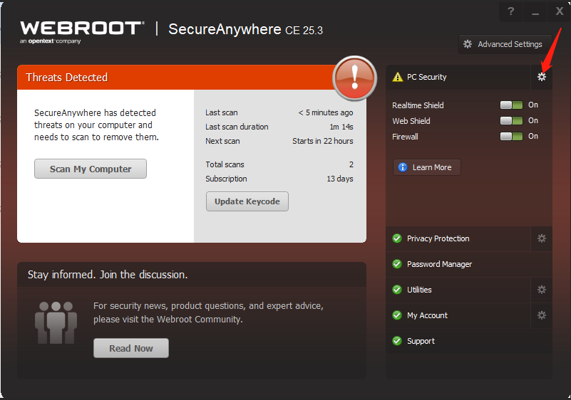 screenshot showing how to disable realtime shield in WEBROOT