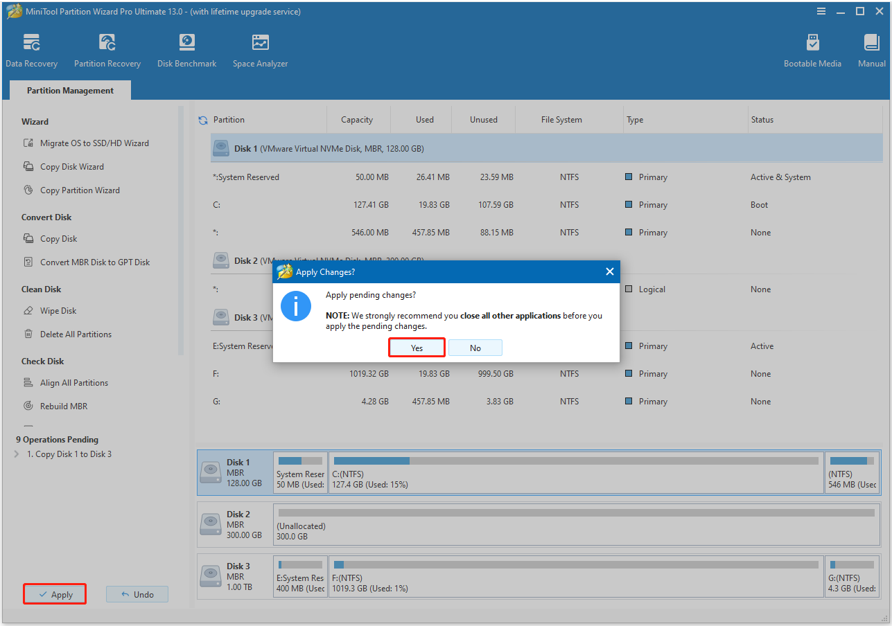 click Apply and Yes in MiniTool Partition Wizard